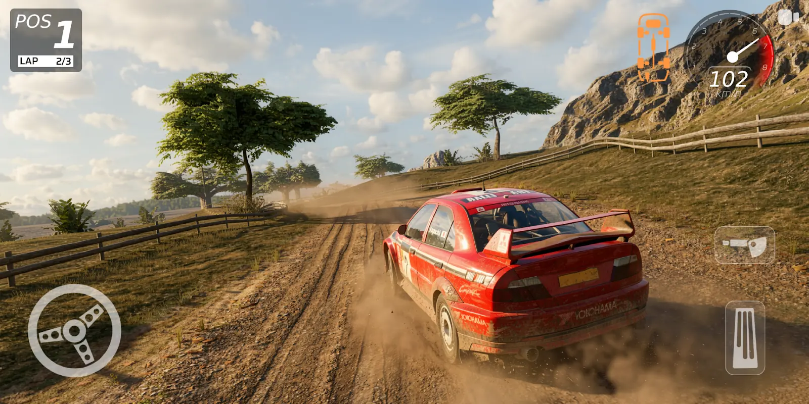 Carro de ralis vermelho a levantar poeira num troço de terra batida, no jogo Rally One