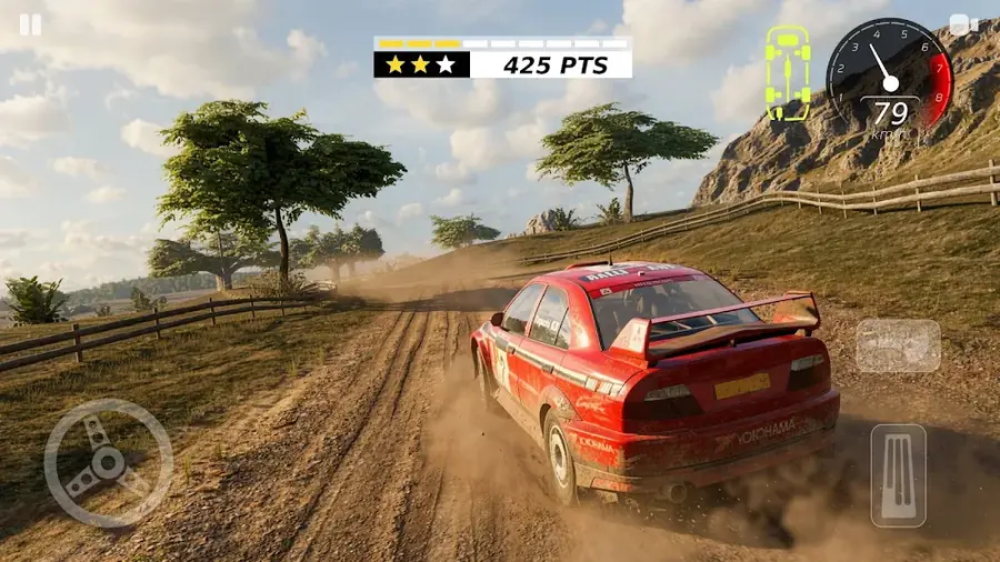 Carro de ralis a levantar poeira num troço de terra entre árvores no Rally One